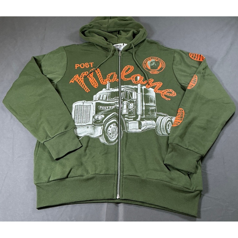 Post Malone Posty Co Mens Zip Hoodie Burnt Olive Green Trucker Graphic M NEW